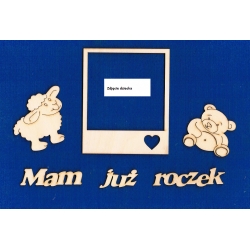 SKLEJKA #3mm Mam już roczek + ramka 11x9 Polaroid serce + zwierzątka miś, owieczka